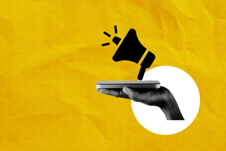 A stylized image of a megaphone coming out of a mobile phone, like an announcement.